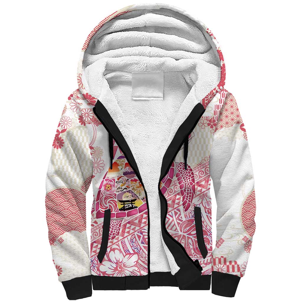Hawaiian and Japanese Culture Together Sherpa Hoodie Tropical Honu with Japanese Elements Pink Color