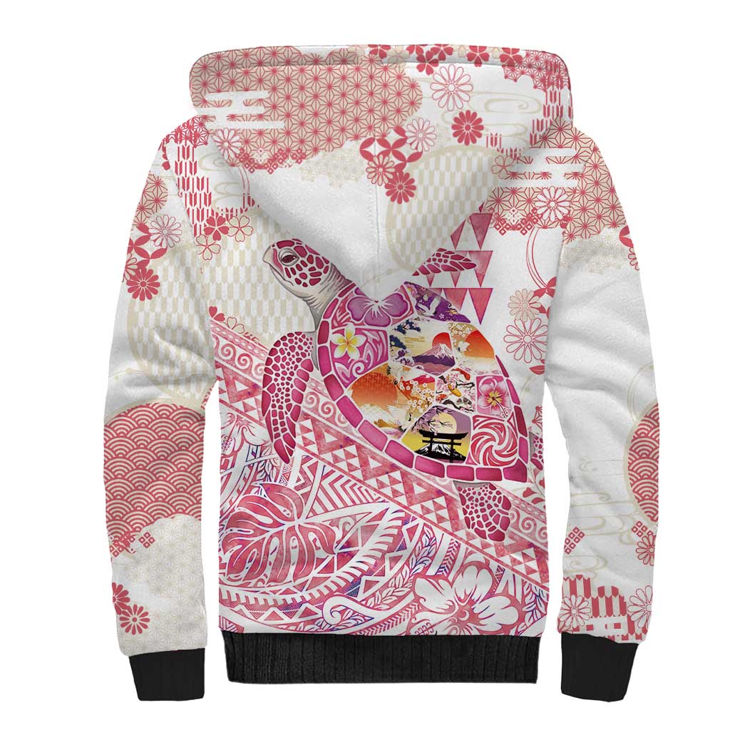 Hawaiian and Japanese Culture Together Sherpa Hoodie Tropical Honu with Japanese Elements Pink Color