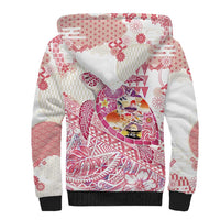 Hawaiian and Japanese Culture Together Sherpa Hoodie Tropical Honu with Japanese Elements Pink Color
