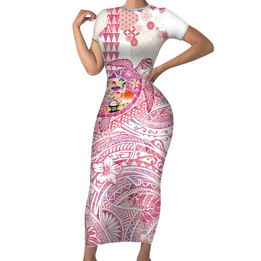 Hawaiian and Japanese Culture Together Short Sleeve Bodycon Dress Tropical Honu with Japanese Elements Pink Color LT03 Long Dress Pink - Polynesian Pride