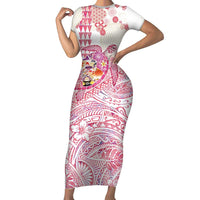 Hawaiian and Japanese Culture Together Short Sleeve Bodycon Dress Tropical Honu with Japanese Elements Pink Color