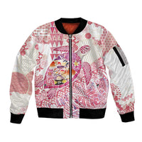 Hawaiian and Japanese Culture Together Sleeve Zip Bomber Jacket Tropical Honu with Japanese Elements Pink Color LT03 Unisex Pink - Polynesian Pride