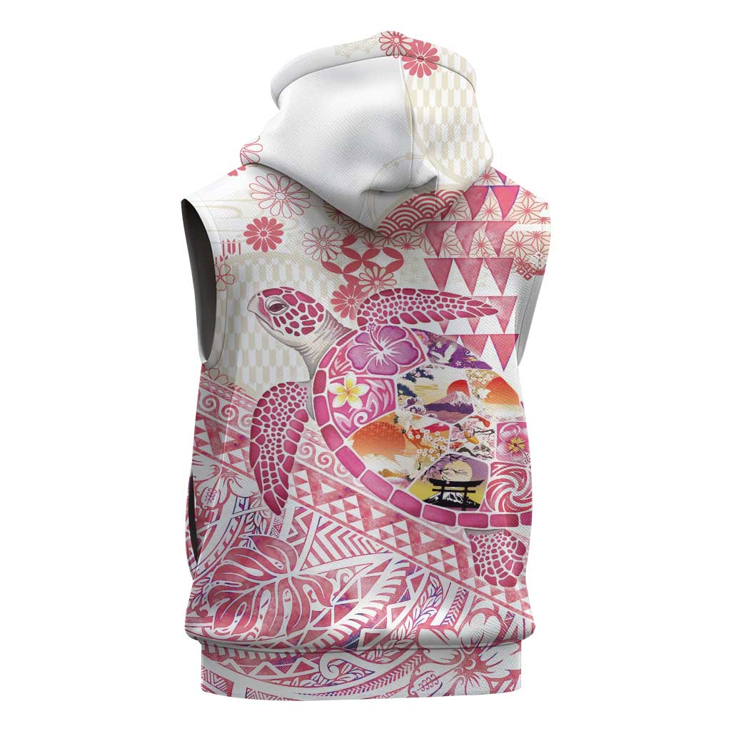 Hawaiian and Japanese Culture Together Sleeveless Zip Hoodie Tropical Honu with Japanese Elements Pink Color