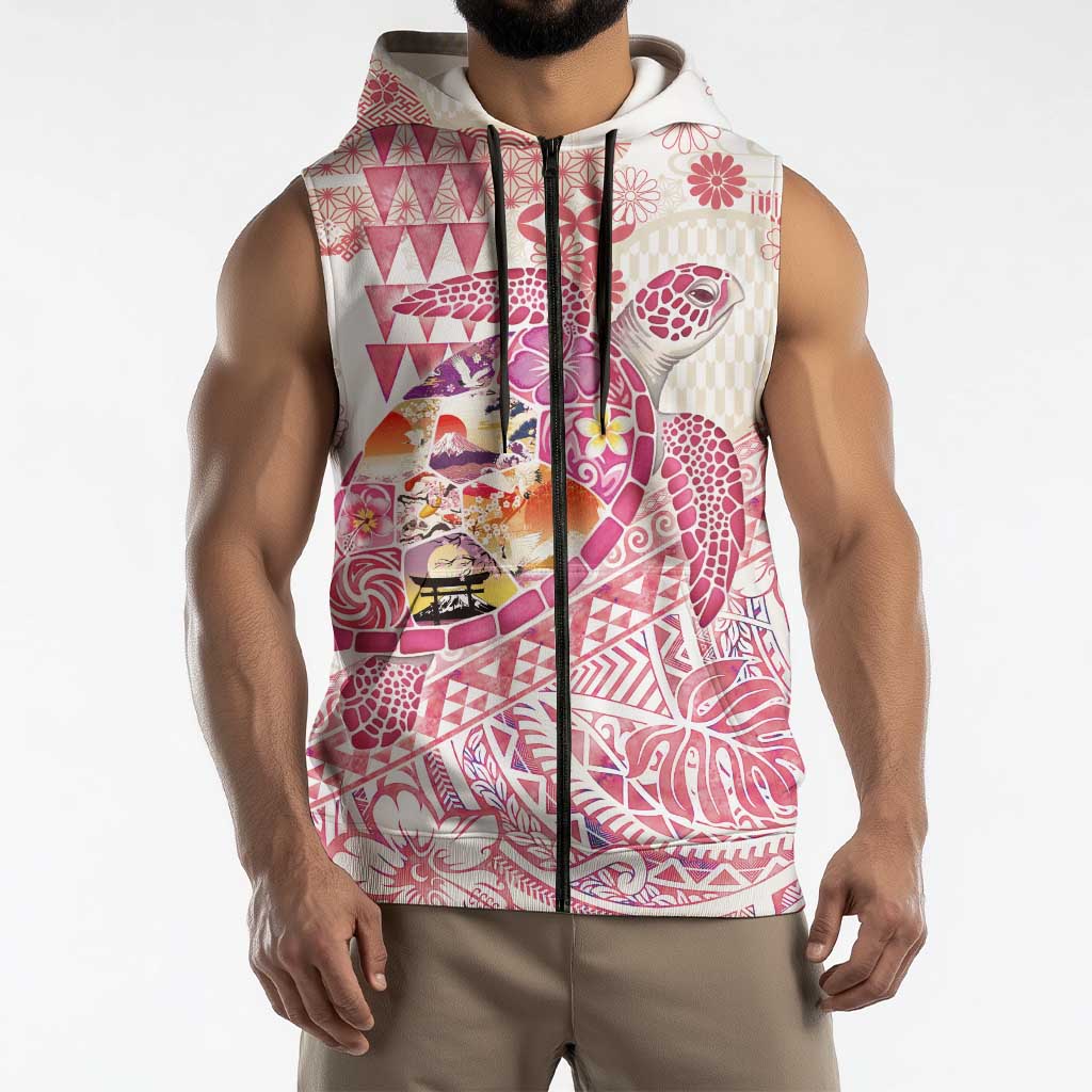 Hawaiian and Japanese Culture Together Sleeveless Zip Hoodie Tropical Honu with Japanese Elements Pink Color