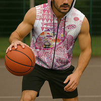 Hawaiian and Japanese Culture Together Sleeveless Zip Hoodie Tropical Honu with Japanese Elements Pink Color