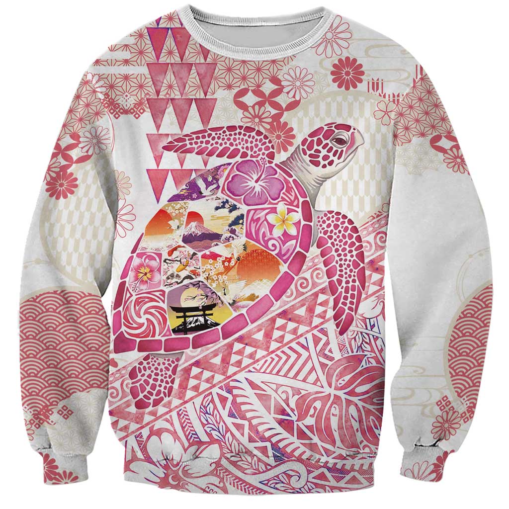 Hawaiian and Japanese Culture Together Sweatshirt Tropical Honu with Japanese Elements Pink Color