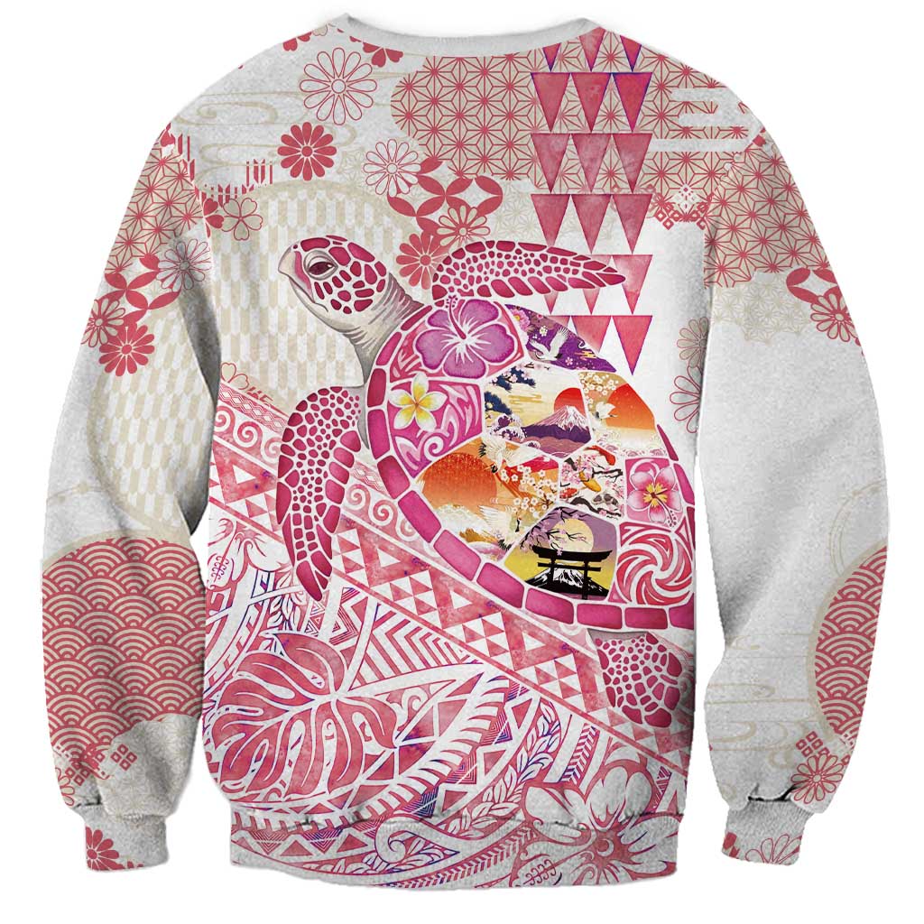 Hawaiian and Japanese Culture Together Sweatshirt Tropical Honu with Japanese Elements Pink Color