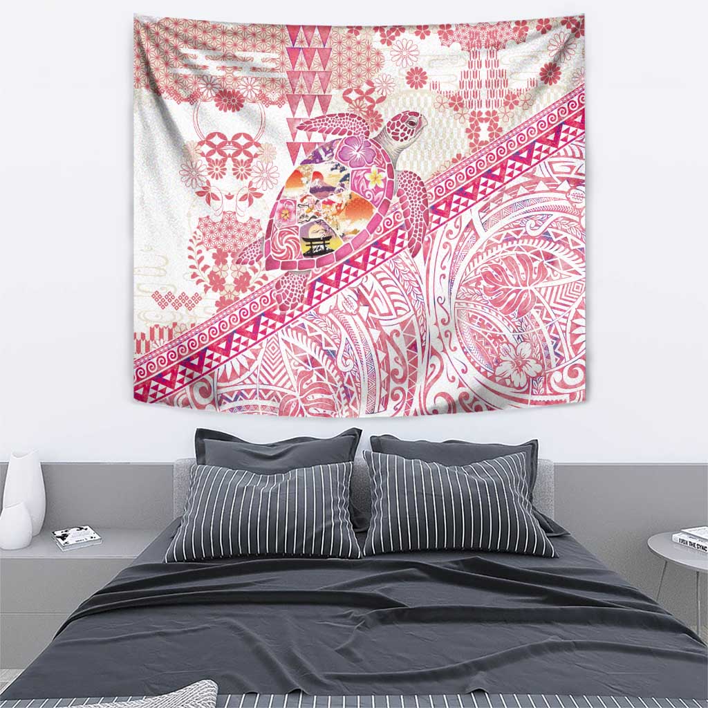 Hawaiian and Japanese Culture Together Tapestry Tropical Honu with Japanese Elements Pink Color