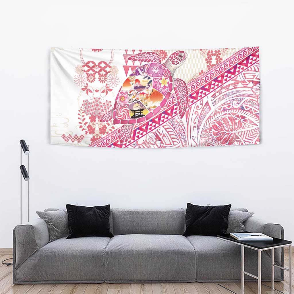 Hawaiian and Japanese Culture Together Tapestry Tropical Honu with Japanese Elements Pink Color
