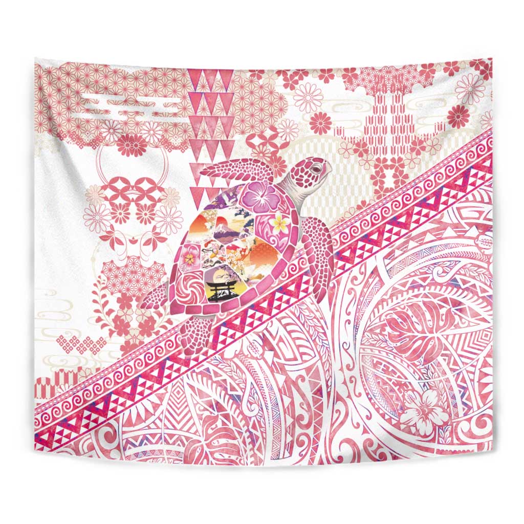Hawaiian and Japanese Culture Together Tapestry Tropical Honu with Japanese Elements Pink Color