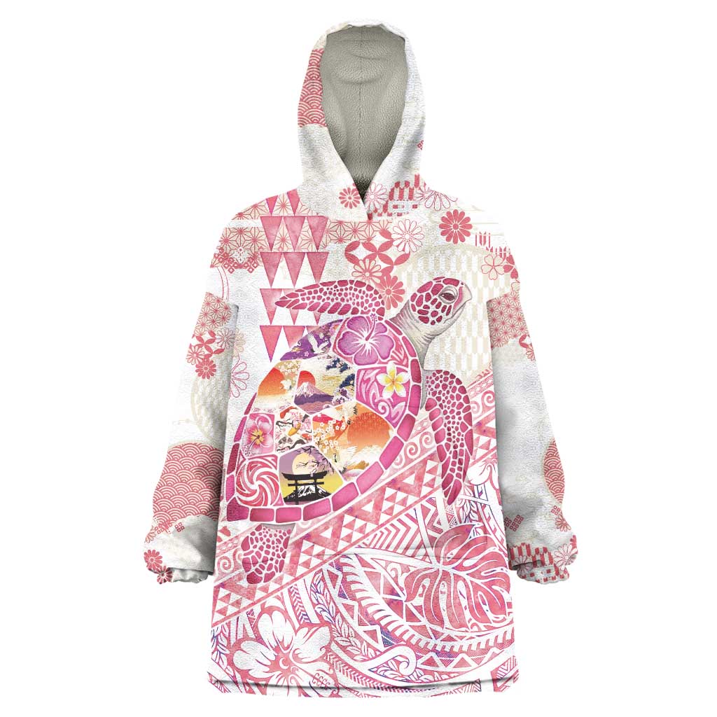 Hawaiian and Japanese Culture Together Wearable Blanket Hoodie Tropical Honu with Japanese Elements Pink Color