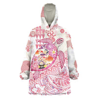 Hawaiian and Japanese Culture Together Wearable Blanket Hoodie Tropical Honu with Japanese Elements Pink Color