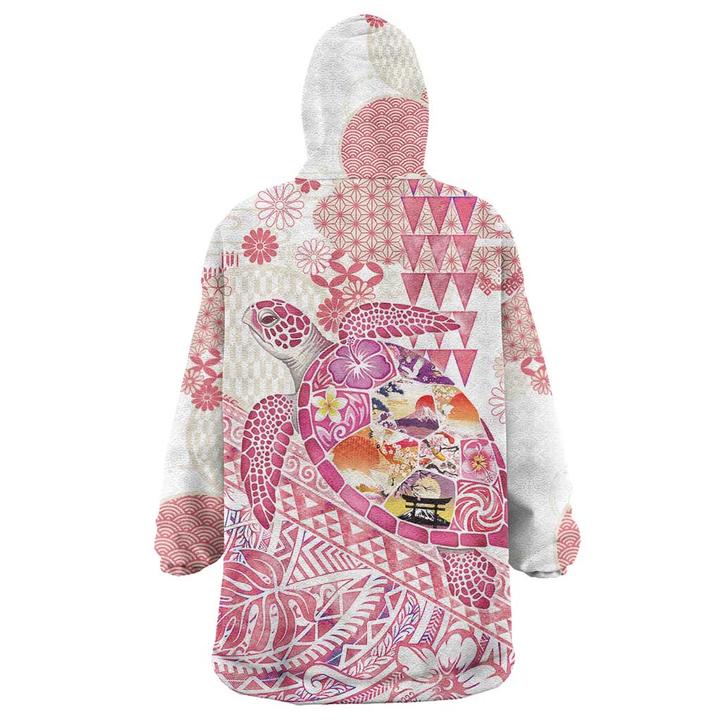 Hawaiian and Japanese Culture Together Wearable Blanket Hoodie Tropical Honu with Japanese Elements Pink Color