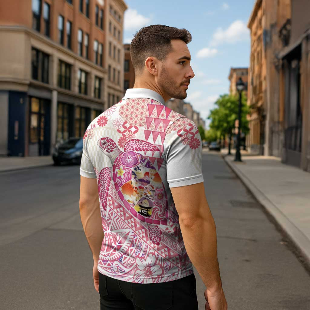 Hawaiian and Japanese Culture Together Zipper Polo Shirt Tropical Honu with Japanese Elements Pink Color