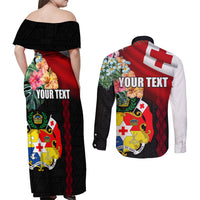 Personalised Tonga Emancipation Day Couples Matching Off Shoulder Maxi Dress and Long Sleeve Button Shirt Flag Map and Hibiscus Flower Ngatu Pattern LT03 - Polynesian Pride