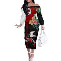 Personalised Tonga Emancipation Day Family Matching Off Shoulder Long Sleeve Dress and Hawaiian Shirt Flag Map and Hibiscus Flower Ngatu Pattern LT03 Mom's Dress Black - Polynesian Pride