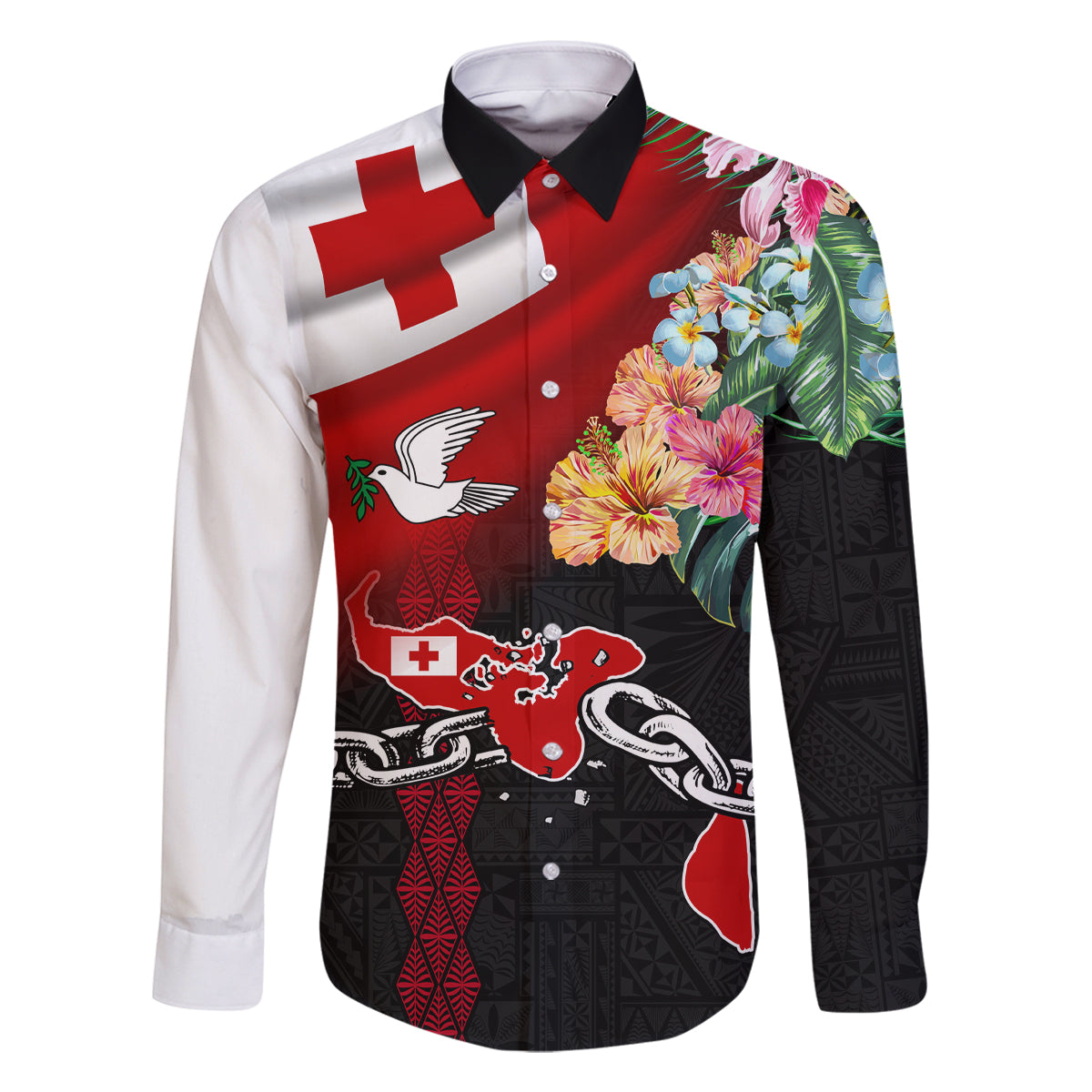 Personalised Tonga Emancipation Day Family Matching Summer Maxi Dress and Hawaiian Shirt Flag Map and Hibiscus Flower Ngatu Pattern LT03 Dad's Shirt - Long Sleeve Black - Polynesian Pride