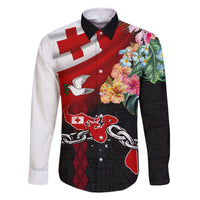 Personalised Tonga Emancipation Day Family Matching Summer Maxi Dress and Hawaiian Shirt Flag Map and Hibiscus Flower Ngatu Pattern LT03 Dad's Shirt - Long Sleeve Black - Polynesian Pride