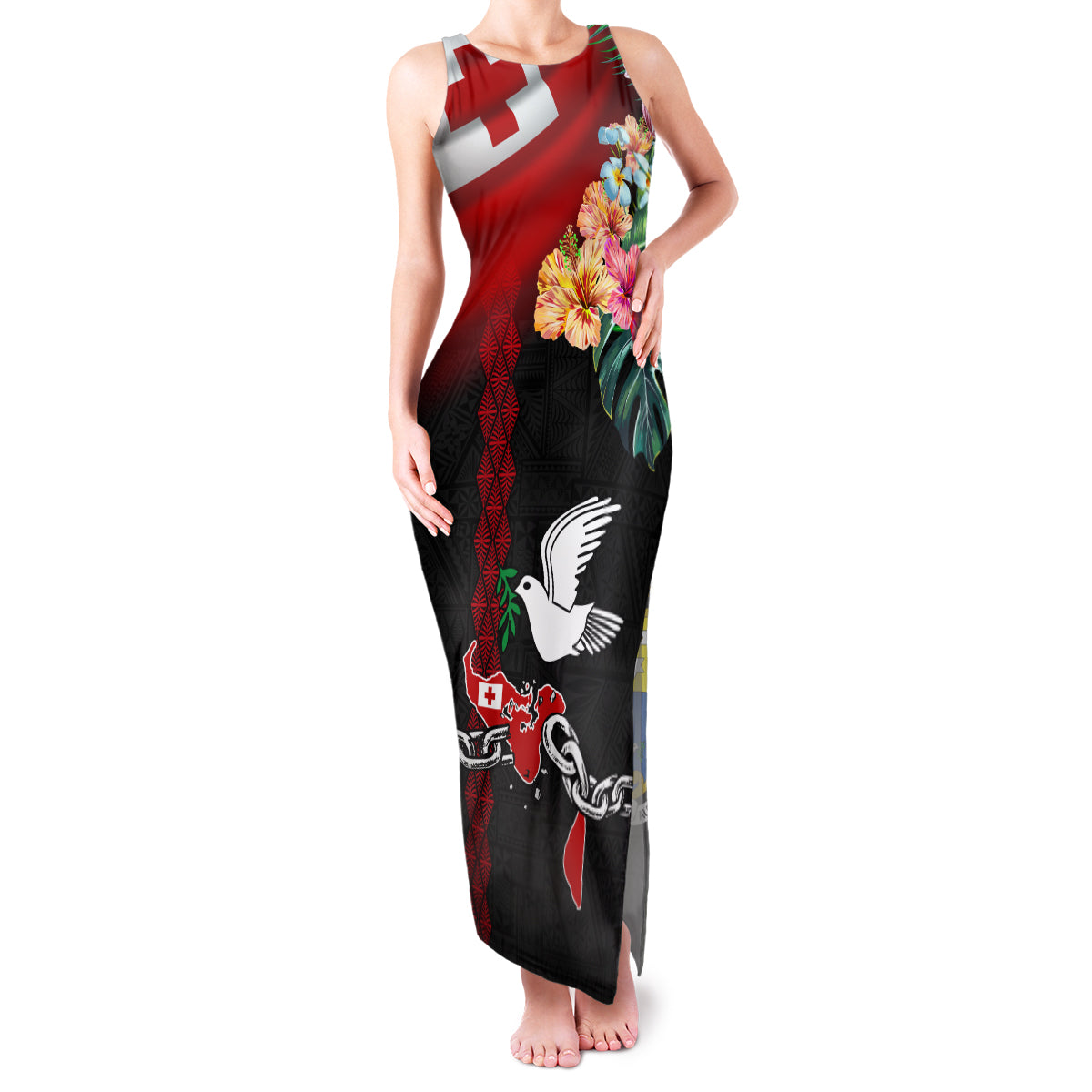 Personalised Tonga Emancipation Day Family Matching Tank Maxi Dress and Hawaiian Shirt Flag Map and Hibiscus Flower Ngatu Pattern LT03 Mom's Dress Black - Polynesian Pride