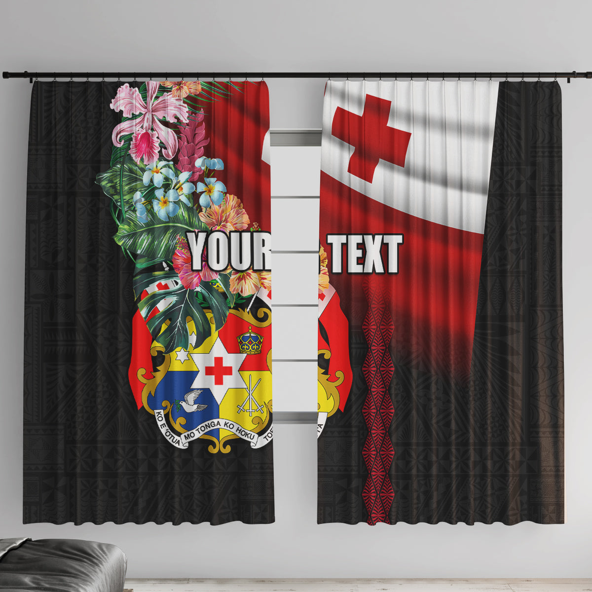 Personalised Tonga Emancipation Day Window Curtain Flag Map and Hibiscus Flower Ngatu Pattern LT03 With Hooks Black - Polynesian Pride