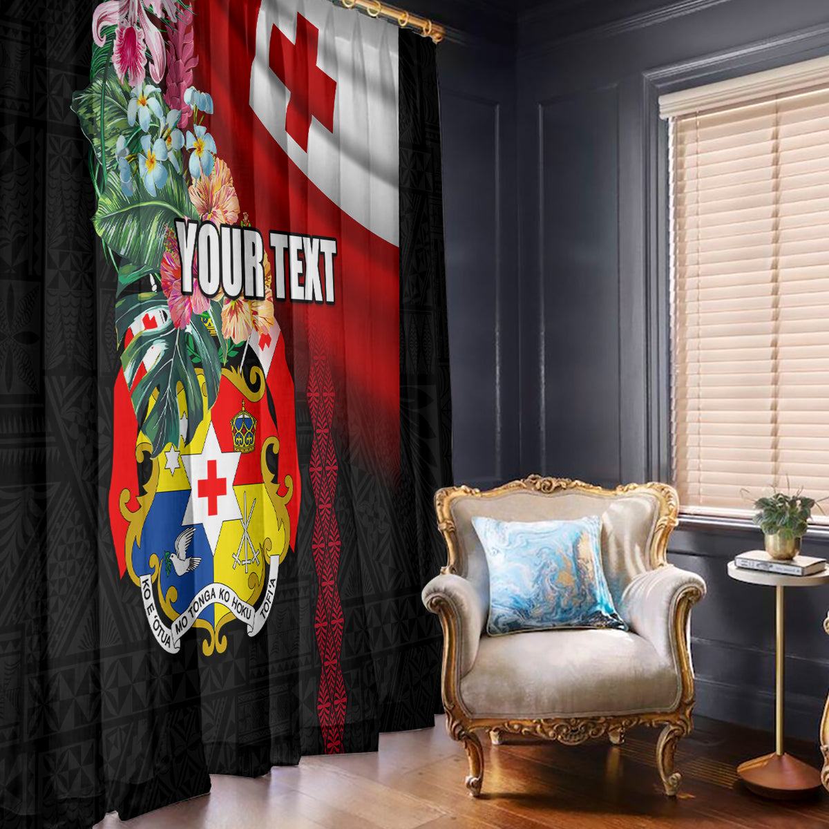 Personalised Tonga Emancipation Day Window Curtain Flag Map and Hibiscus Flower Ngatu Pattern LT03 - Polynesian Pride