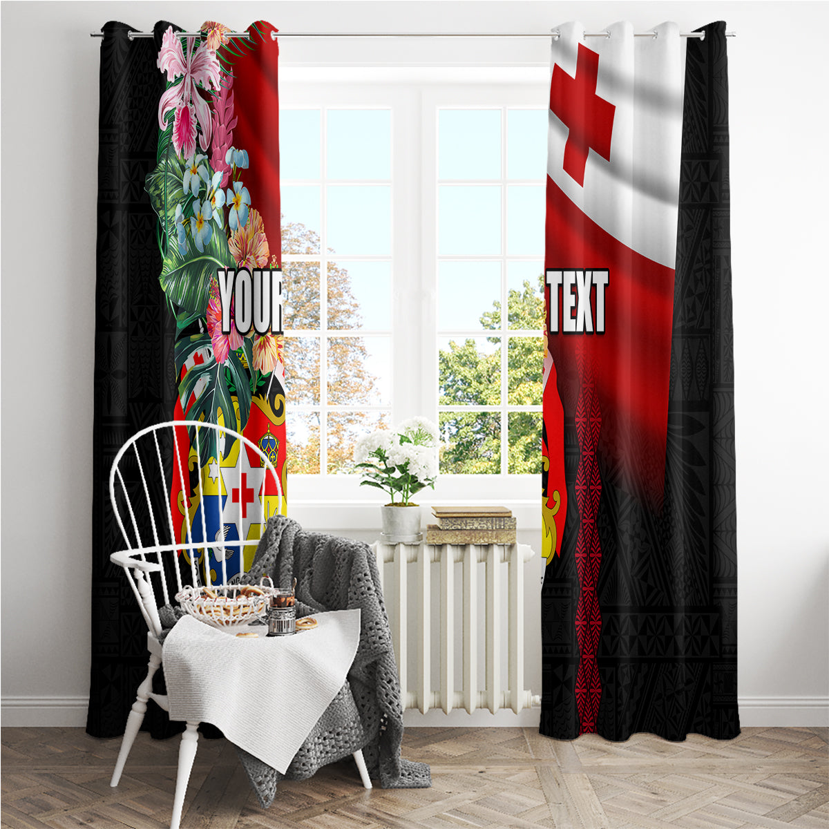 Personalised Tonga Emancipation Day Window Curtain Flag Map and Hibiscus Flower Ngatu Pattern LT03 - Polynesian Pride