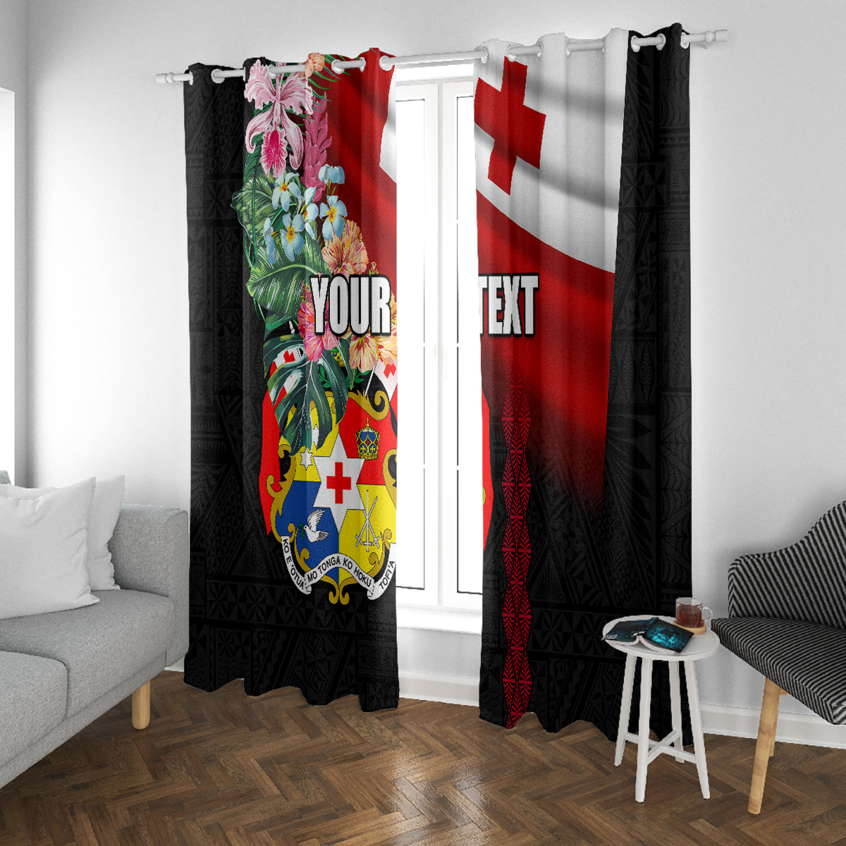 Personalised Tonga Emancipation Day Window Curtain Flag Map and Hibiscus Flower Ngatu Pattern LT03 With Grommets Black - Polynesian Pride