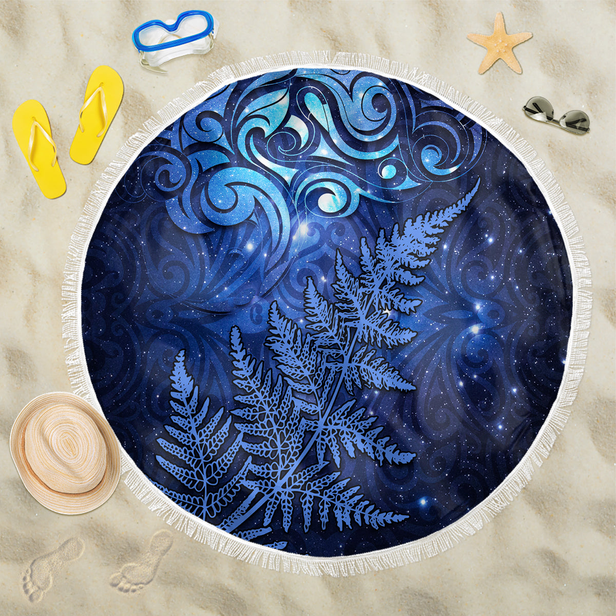 New Zealand Matariki Beach Blanket Maori Pattern and Silver Fern LT03 One Size 150cm Blue - Polynesian Pride