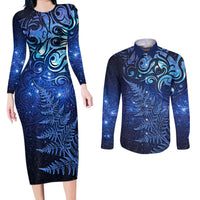 New Zealand Matariki Couples Matching Long Sleeve Bodycon Dress and Long Sleeve Button Shirt Maori Pattern and Silver Fern LT03 Blue - Polynesian Pride