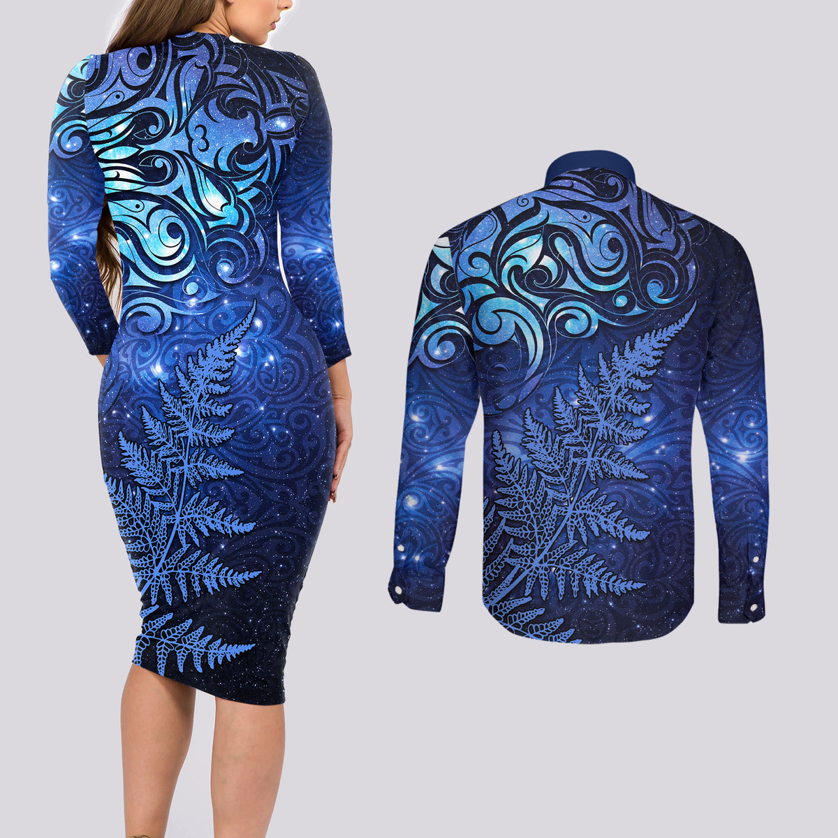 New Zealand Matariki Couples Matching Long Sleeve Bodycon Dress and Long Sleeve Button Shirt Maori Pattern and Silver Fern LT03 - Polynesian Pride