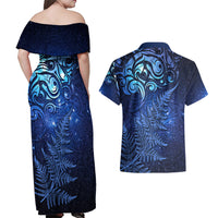 New Zealand Matariki Couples Matching Off Shoulder Maxi Dress and Hawaiian Shirt Maori Pattern and Silver Fern LT03 - Polynesian Pride
