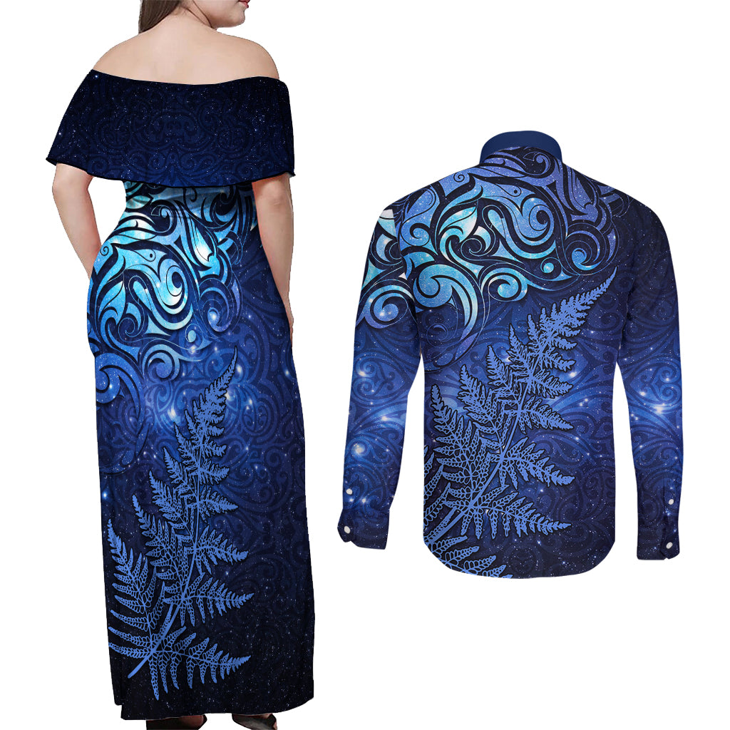 New Zealand Matariki Couples Matching Off Shoulder Maxi Dress and Long Sleeve Button Shirt Maori Pattern and Silver Fern LT03 - Polynesian Pride