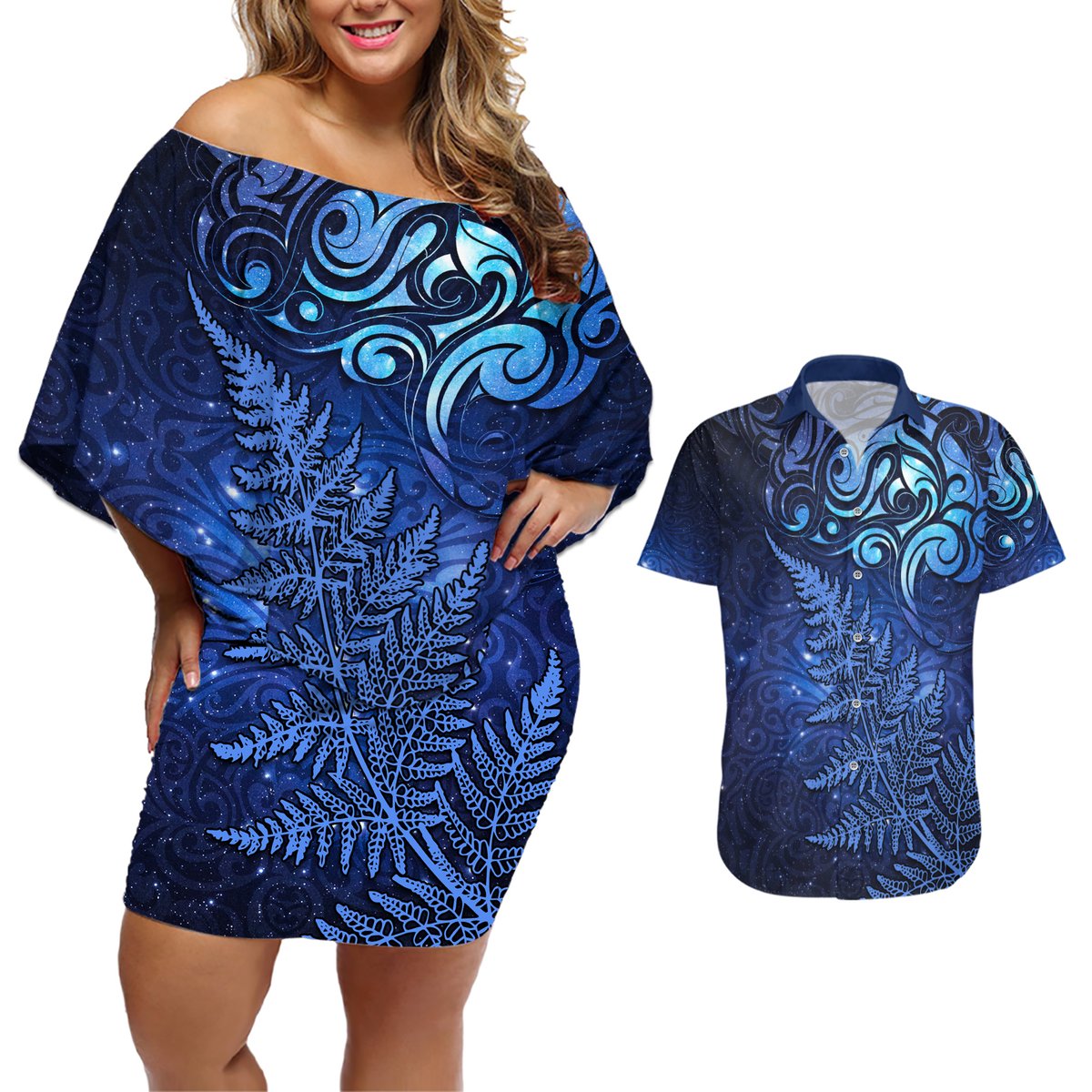 New Zealand Matariki Couples Matching Off Shoulder Short Dress and Hawaiian Shirt Maori Pattern and Silver Fern LT03 Blue - Polynesian Pride