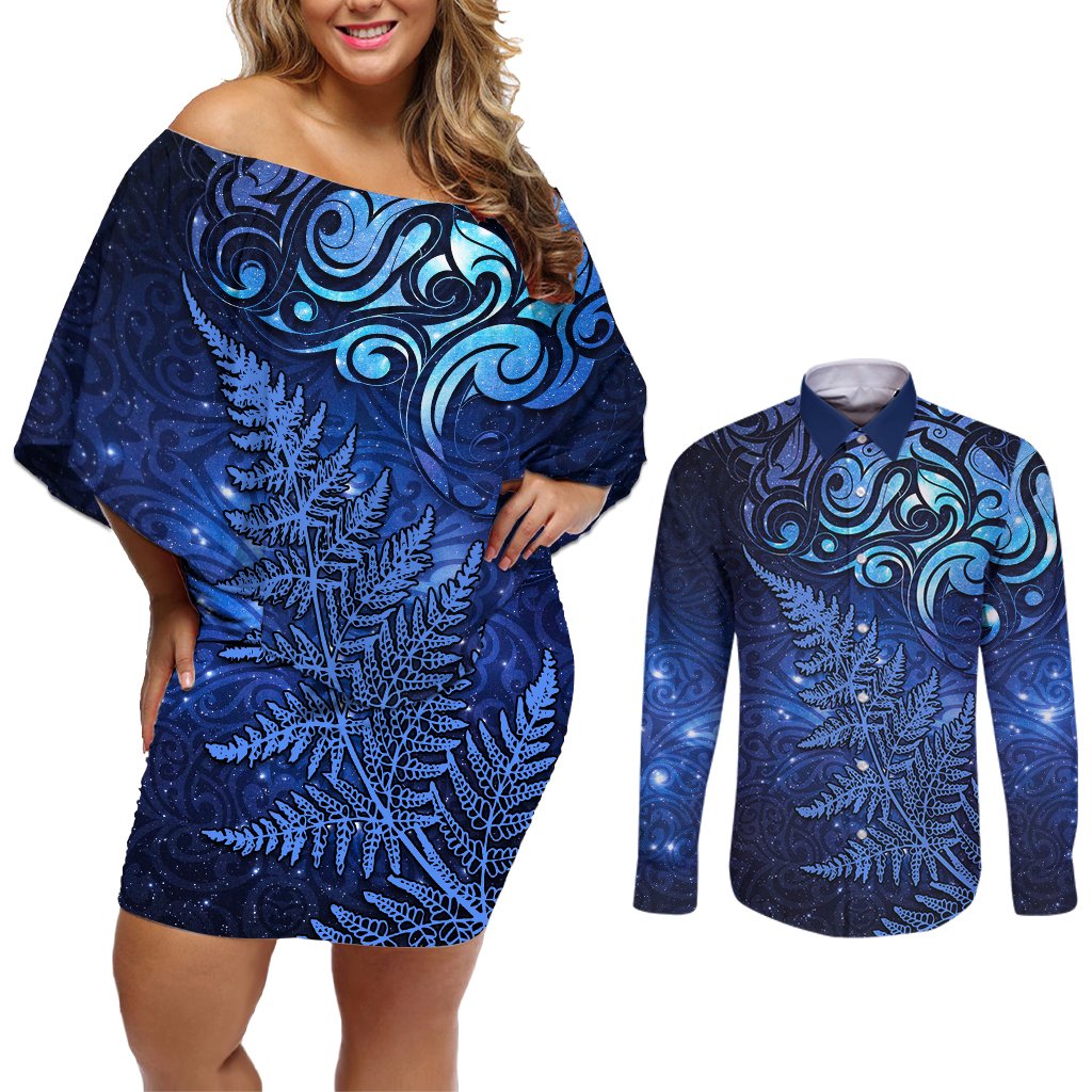 New Zealand Matariki Couples Matching Off Shoulder Short Dress and Long Sleeve Button Shirt Maori Pattern and Silver Fern LT03 Blue - Polynesian Pride