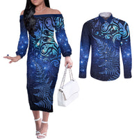 New Zealand Matariki Couples Matching Off The Shoulder Long Sleeve Dress and Long Sleeve Button Shirt Maori Pattern and Silver Fern LT03 Blue - Polynesian Pride