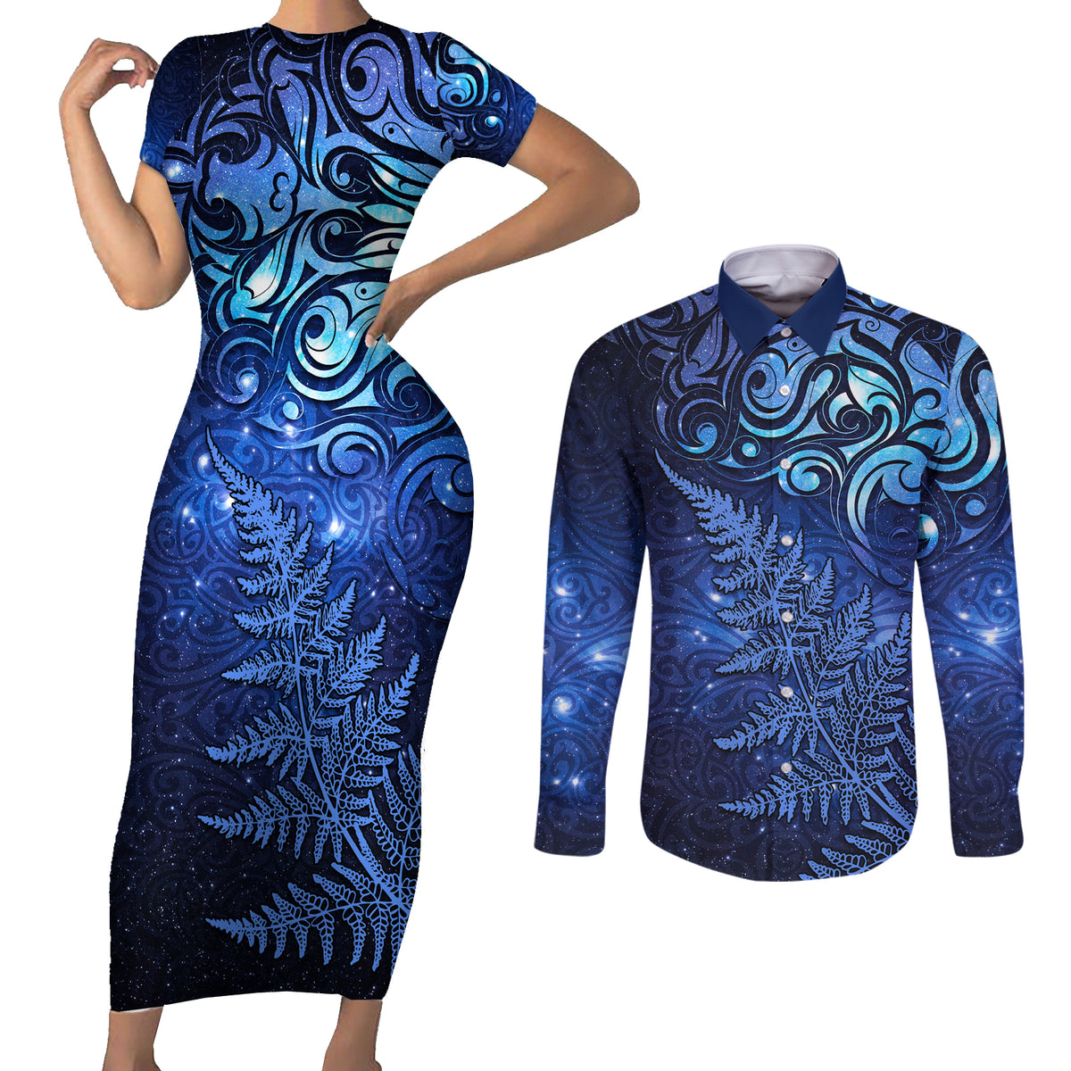 New Zealand Matariki Couples Matching Short Sleeve Bodycon Dress and Long Sleeve Button Shirt Maori Pattern and Silver Fern LT03 Blue - Polynesian Pride