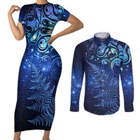 New Zealand Matariki Couples Matching Short Sleeve Bodycon Dress and Long Sleeve Button Shirt Maori Pattern and Silver Fern LT03 Blue - Polynesian Pride