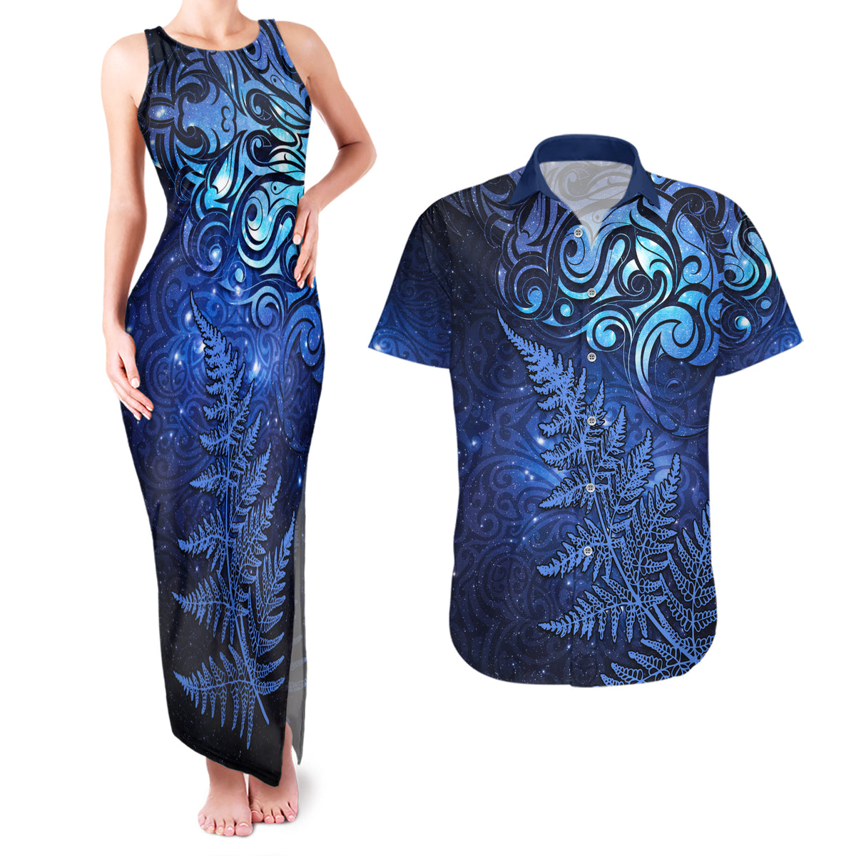 New Zealand Matariki Couples Matching Tank Maxi Dress and Hawaiian Shirt Maori Pattern and Silver Fern LT03 Blue - Polynesian Pride