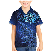 New Zealand Matariki Family Matching Mermaid Dress and Hawaiian Shirt Maori Pattern and Silver Fern LT03 Son's Shirt Blue - Polynesian Pride