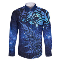 New Zealand Matariki Family Matching Off Shoulder Maxi Dress and Hawaiian Shirt Maori Pattern and Silver Fern LT03 Dad's Shirt - Long Sleeve Blue - Polynesian Pride