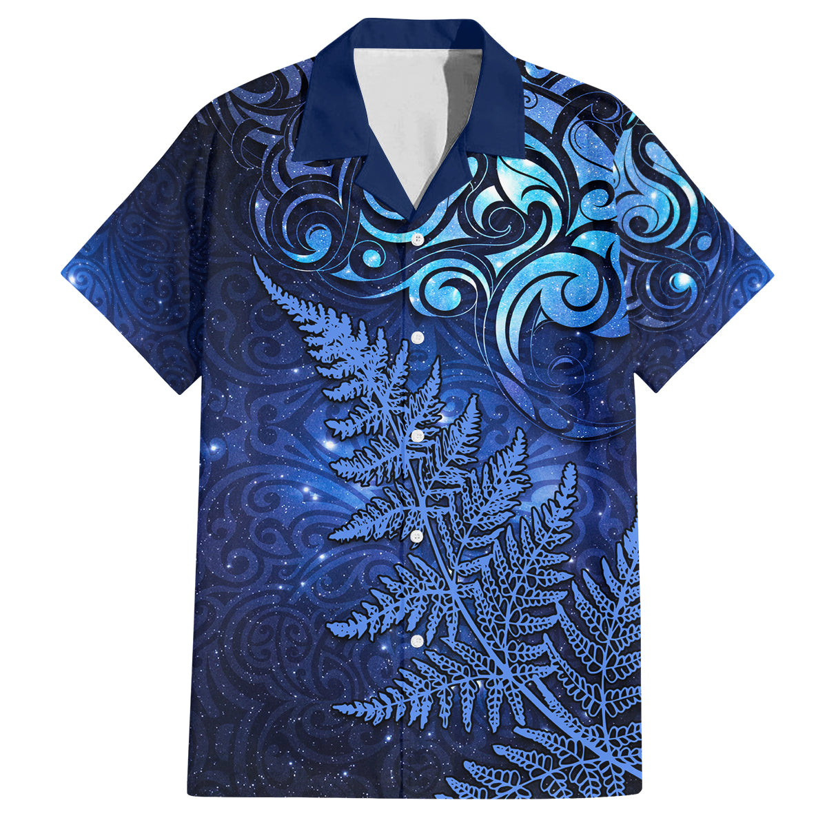 New Zealand Matariki Family Matching Off Shoulder Short Dress and Hawaiian Shirt Maori Pattern and Silver Fern LT03 Dad's Shirt - Short Sleeve Blue - Polynesian Pride