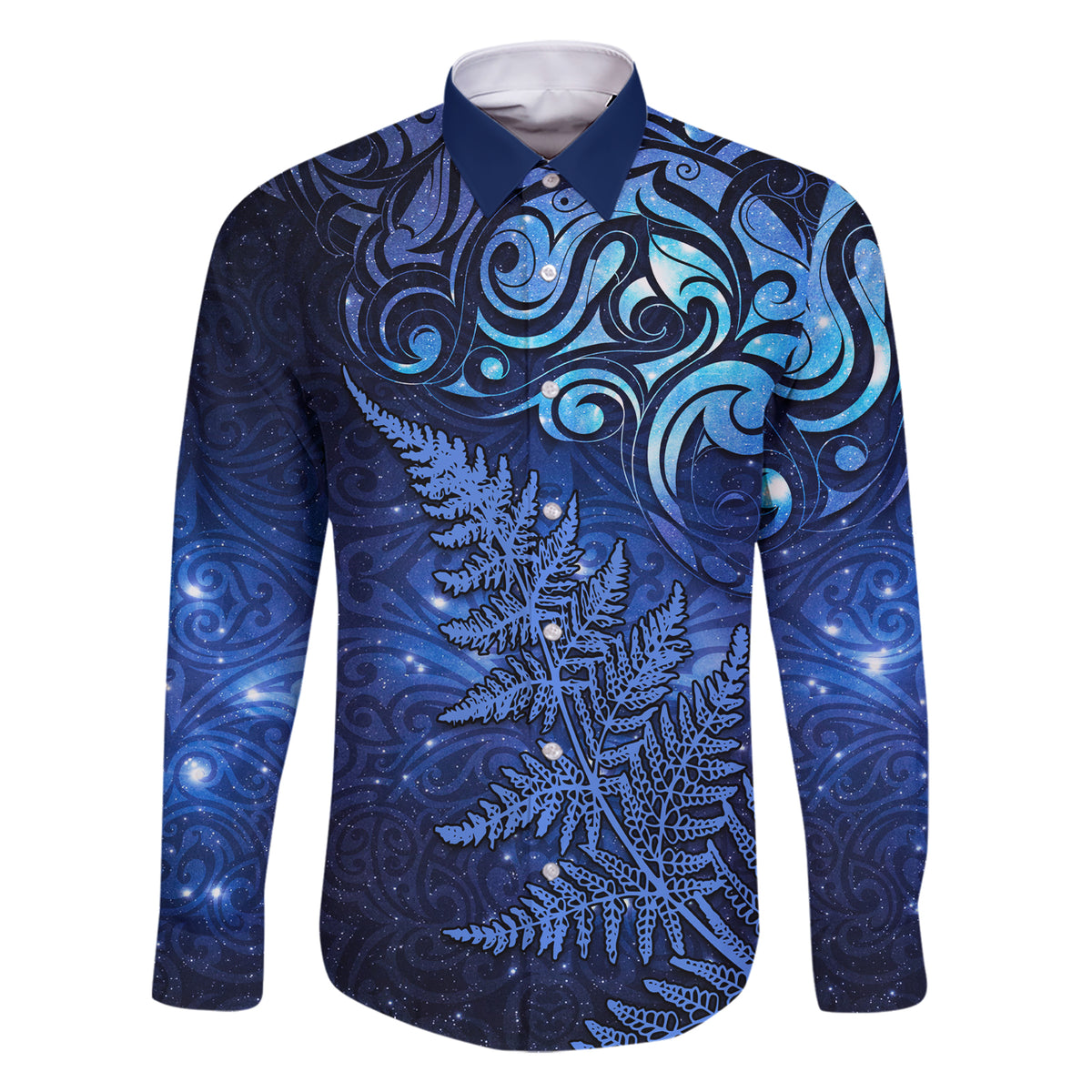 New Zealand Matariki Family Matching Short Sleeve Bodycon Dress and Hawaiian Shirt Maori Pattern and Silver Fern LT03 Dad's Shirt - Long Sleeve Blue - Polynesian Pride