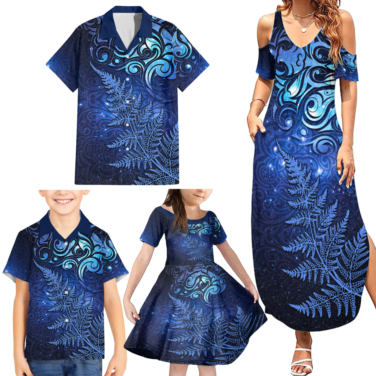 New Zealand Matariki Family Matching Summer Maxi Dress and Hawaiian Shirt Maori Pattern and Silver Fern LT03 - Polynesian Pride