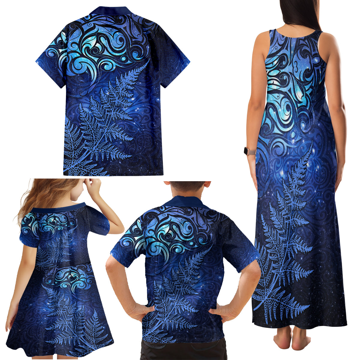 New Zealand Matariki Family Matching Tank Maxi Dress and Hawaiian Shirt Maori Pattern and Silver Fern LT03 - Polynesian Pride