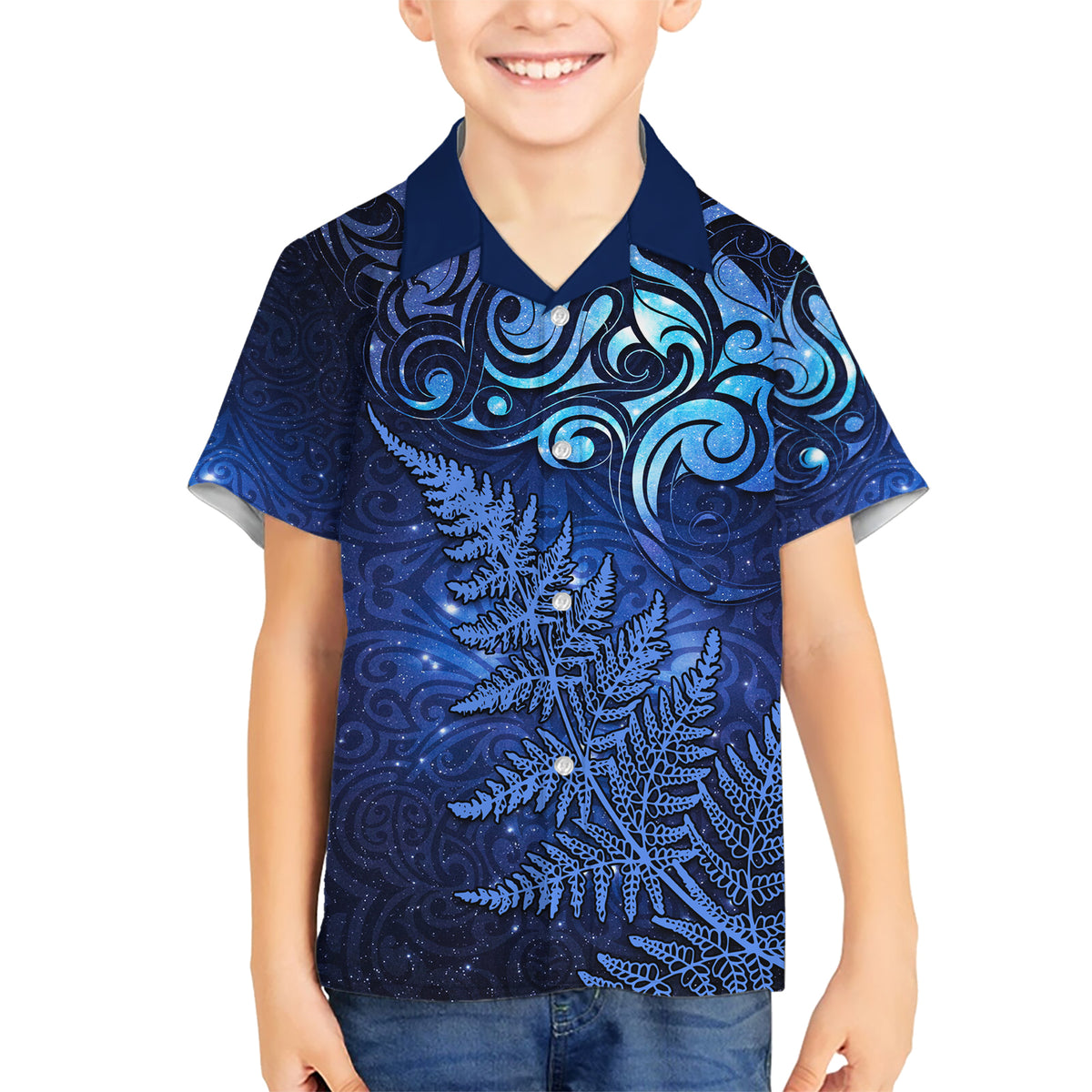 New Zealand Matariki Kid Hawaiian Shirt Maori Pattern and Silver Fern LT03 Kid Blue - Polynesian Pride