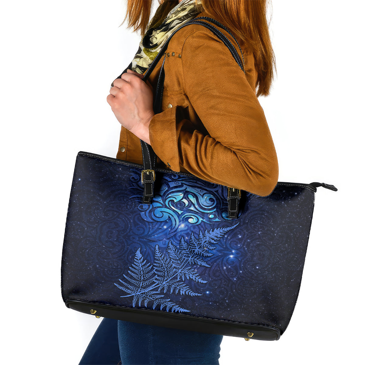 New Zealand Matariki Leather Tote Bag Maori Pattern and Silver Fern LT03 Blue - Polynesian Pride