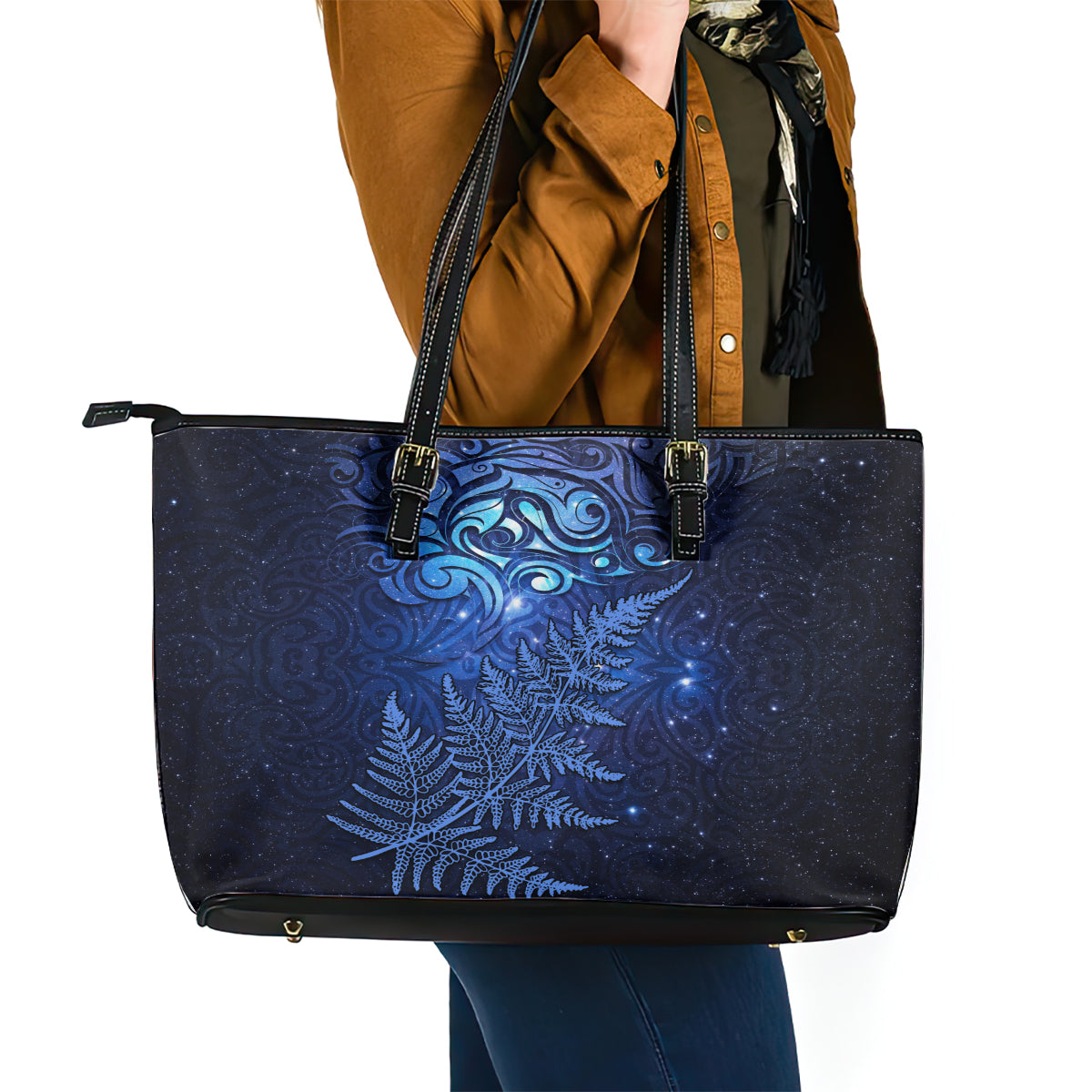 New Zealand Matariki Leather Tote Bag Maori Pattern and Silver Fern LT03 - Polynesian Pride