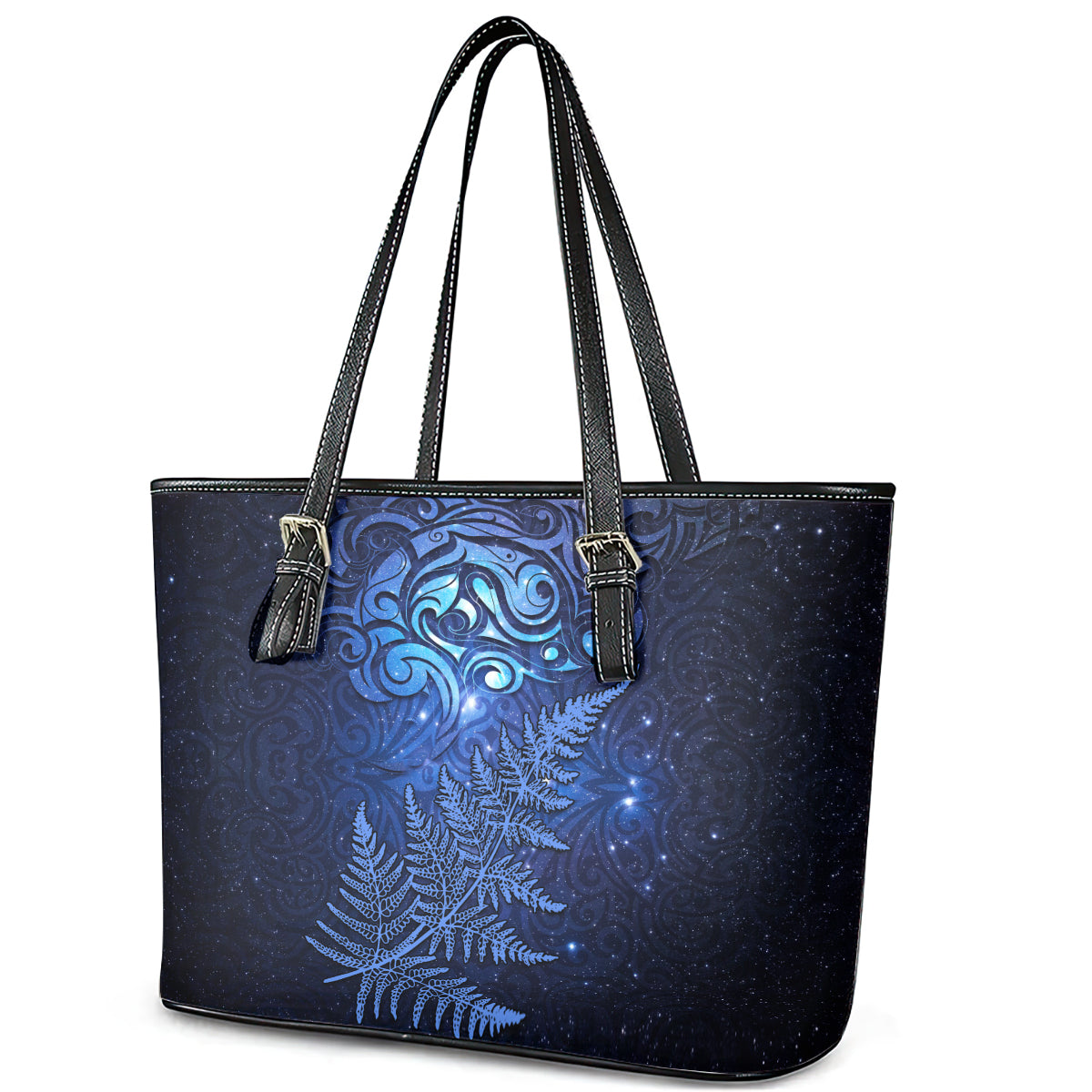 New Zealand Matariki Leather Tote Bag Maori Pattern and Silver Fern LT03 - Polynesian Pride