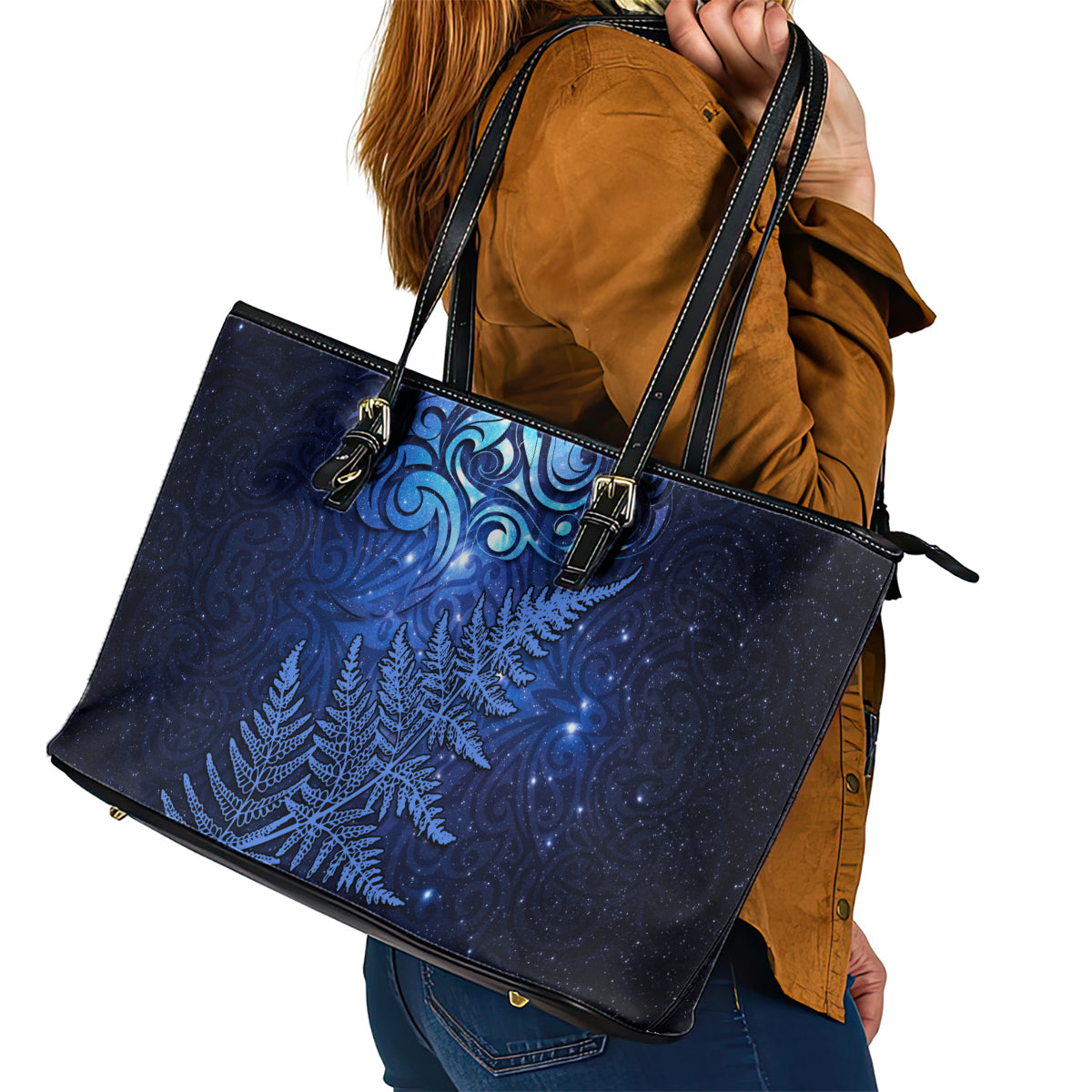 New Zealand Matariki Leather Tote Bag Maori Pattern and Silver Fern LT03 - Polynesian Pride