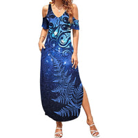 New Zealand Matariki Summer Maxi Dress Maori Pattern and Silver Fern LT03 Women Blue - Polynesian Pride